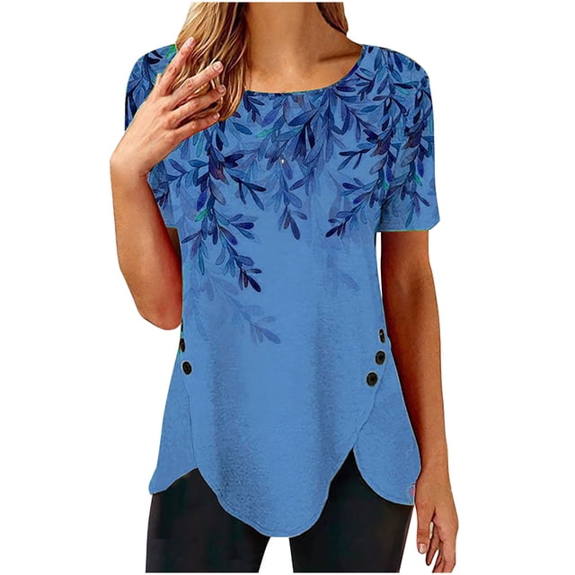Pompotops T-shirt Ample Imprimé pour Femme, Boutons, Manches Courtes, Blouse à Col Rond, Hauts Décontractés