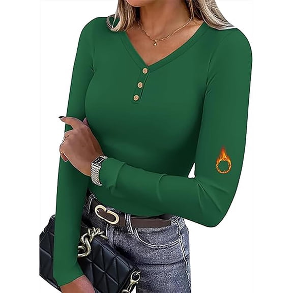 Aboser Women's Long Sleeve Thermal Shirts Soft Button Up Henley Shirt Slim Fit V Neck Tops Comfy Casual Plain Basic Tees Stretchy Undershirts