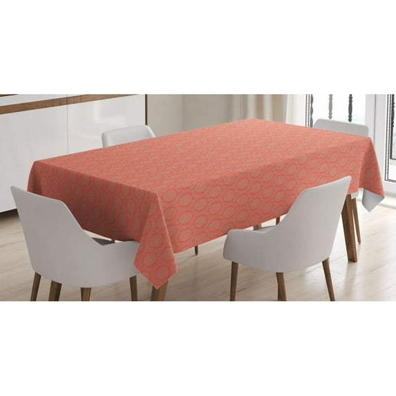 Ethnic Tablecloth, Monochrome Illustration Along Oriental Flowers Ornaments in Boho Style Art, Rectangle Satin Table Cover Accent for Dining Room and Kitchen, 60" X 84", Salmon and Tan, by Ambesonne