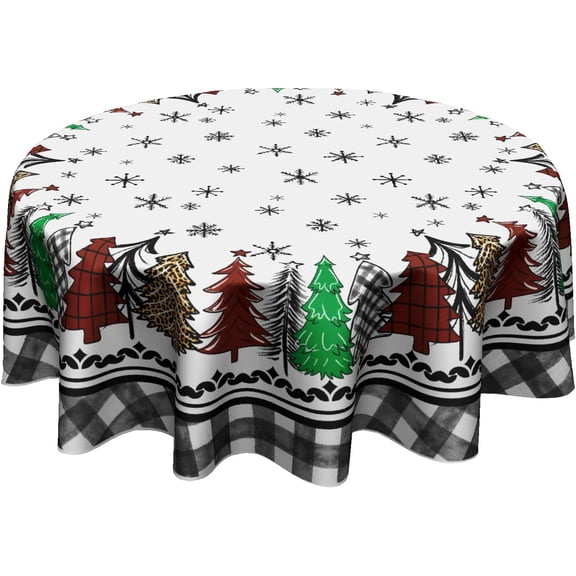 Christmas Round Tablecloth 60 Inch Snowflake Xmas Trees Black Buffalo Plaid Decorative Table Cloth Polyester Washable Table Cover for Winter Holiday Party Picnic Dinner Decor