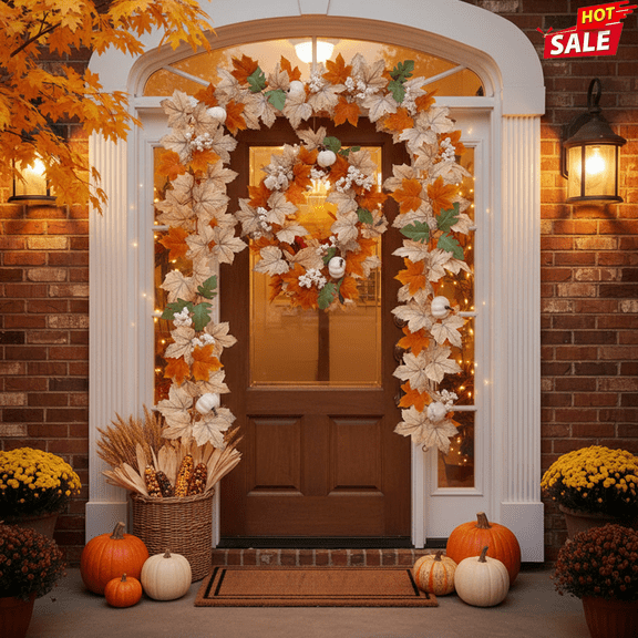 68.69in Artificial Fall Maple Leaf Garland with Mini Pumpkins, Faux Autumn Vine Decor for Mantel, Door Frame, Stair Railing, Thanksgiving Halloween Indoor Harvest Home Decorations