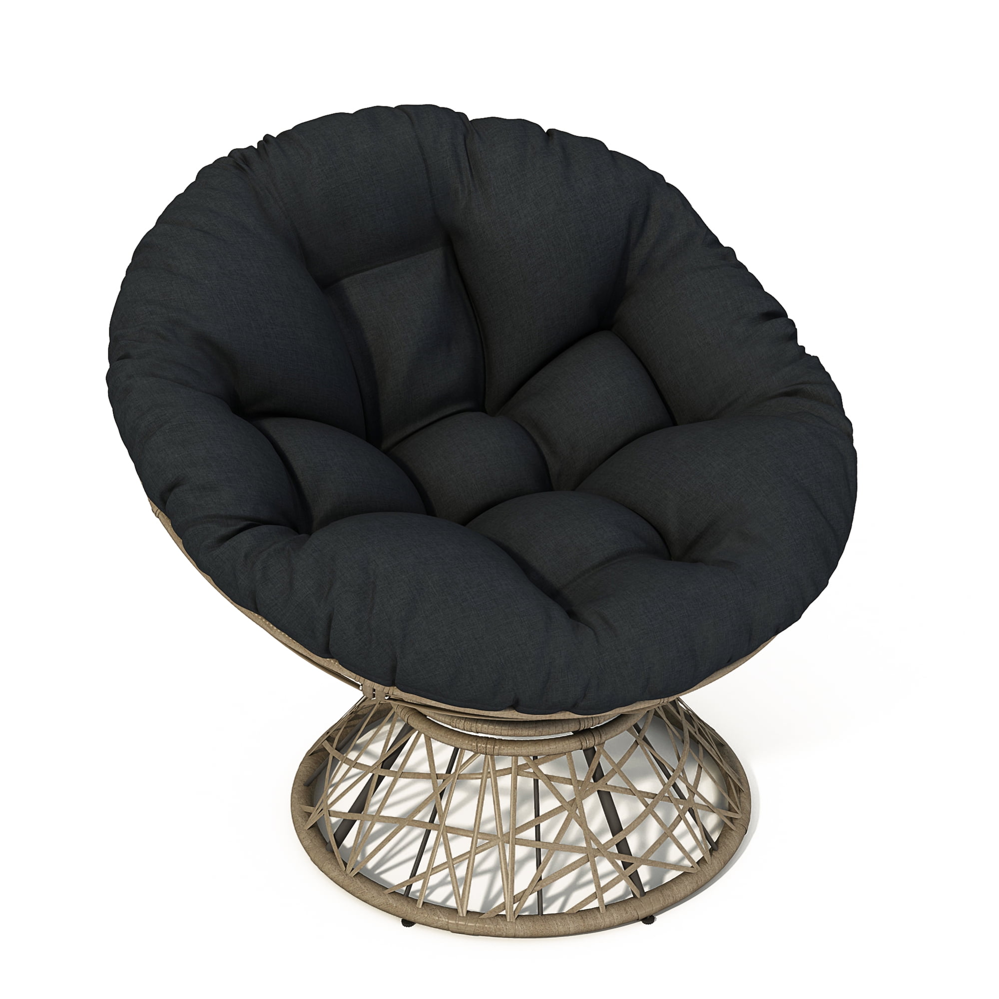 Leumius 40" Papasan Chair, Ergonomic Wicker Chair with Cloud Thick Density Fabric Cushion, Fluid 360 Degree Swivel for Reading,Living Room, Bedroom,Lounge,Gray Base, Black+Brown