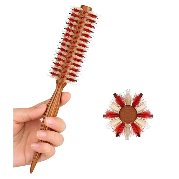 Small Round Boar & Nylon Bristle Roller Hair Brush for Blow Drying Short, Thin, Fine Hair, 1.7 Inch, Circle Styling Hairbrush with Wooden Handle for Women & Men