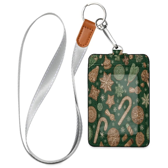 PU Leather Badge Holder ID Badge Holder with Lanyard for Cards & Credentials Candy Canes Pattern