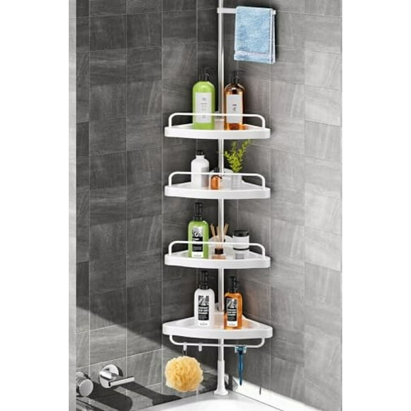 AquaTidy Adjustable Stainless Steel Corner Shower Caddy - 4 Tier Tension Pole Organizer for Bathroom Storage, Rust-Proof Shelves for Shampoo, Bath Essentials, and Tub Accessories