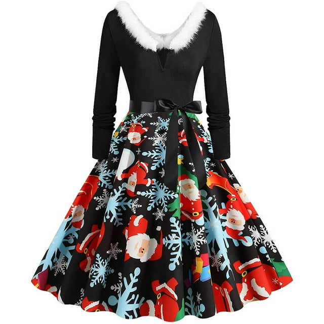 CEHVOM Robe Évasée pour Femmes Manches Longues Imprimé de Noël Patchwork en Fourrure Col en V Robe Rétro
