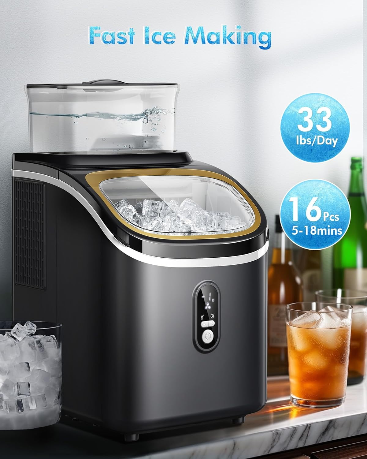 Ice Cube Maker Machine with 0.53 Gal Water Tank Capacity, 33Lbs/Day, 16Pcs/5Mins, 24H Timer, Self-Cleaning, Portable Ice Maker Countertop for Home Kitchen Office