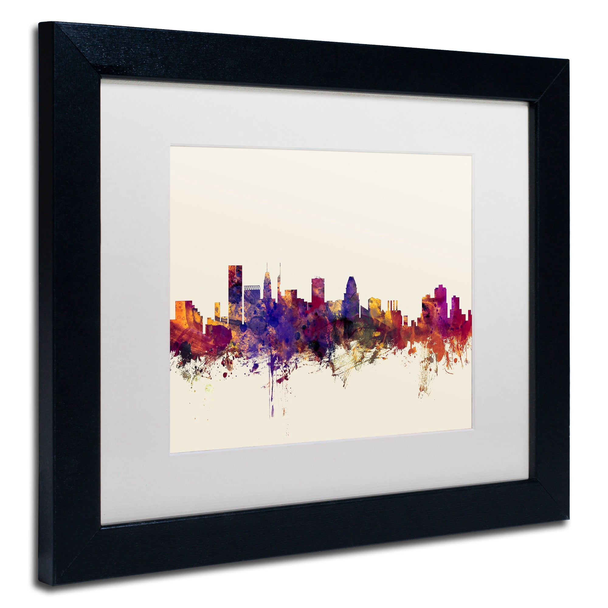 Trademark Fine Art "Baltimore Maryland Skyline" Canvas Art by Michael Tompsett, White Matte, Black Frame