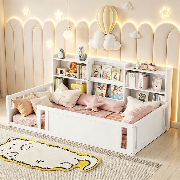 Bellemave Twin Size Montessori Bed with Storage Bookshelf, Wood Floor Bed Frame with High Safety Rails, Low Profile Kids Bed for Toddler Boys and Girls (White)