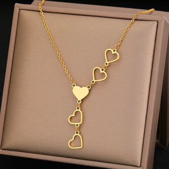 Multi Hearts Pendant Women's Necklace Long Chain Necklace 14K Yellow Gold Kpop Jewelry Wedding Birthday Anniversary Gift