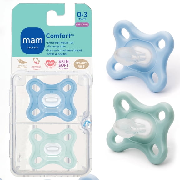 MAM Pacifiers, Baby Pacifier 0-4 Months, Best Pacifier for Breastfed Babies, 'Comfort' Design Collection, Unisex, 2-Count