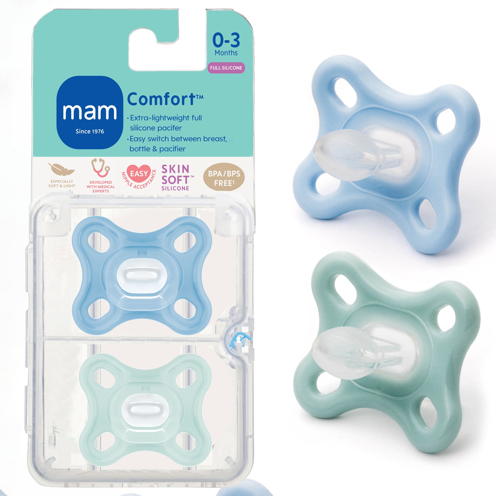 MAM Pacifiers, Baby Pacifier 0-4 Months, Best Pacifier for Breastfed Babies, 'Comfort' Design Collection, Boy, 2-Count, Blue