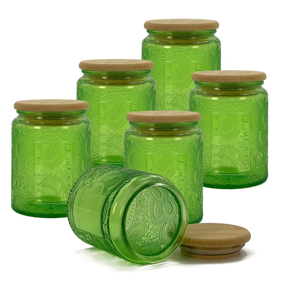 LINGSHINE Green Glass Jars with Airtight Bamboo Lids, Decorative Food Storage Containers 6 Count, Kitchen Pantry Bathroom Candle Making Home Decor Gift