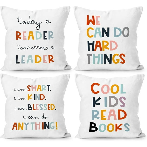 Boho We Can Do Hard Things Today A Reader Tomorrow A Leader Throw Pillow Cover 18 x 18 Inch Set of 4, Reading Gifts for Kids Reading Room Bedroom Decor