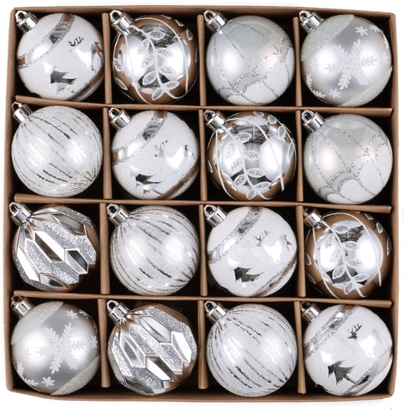 Valery Madelyn 16ct 2.36" Christmas Ornaments, Silver White Shatterproof Ornaments for Christmas Party Decor