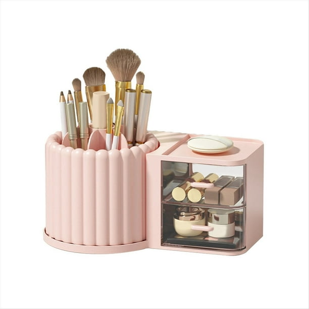 Organizador de Brochas de Maquillaje con 2 Cajones, Encimera Organizadora de Maquillaje Giratoria de 360°, Vitrina de Capacidad Rosa