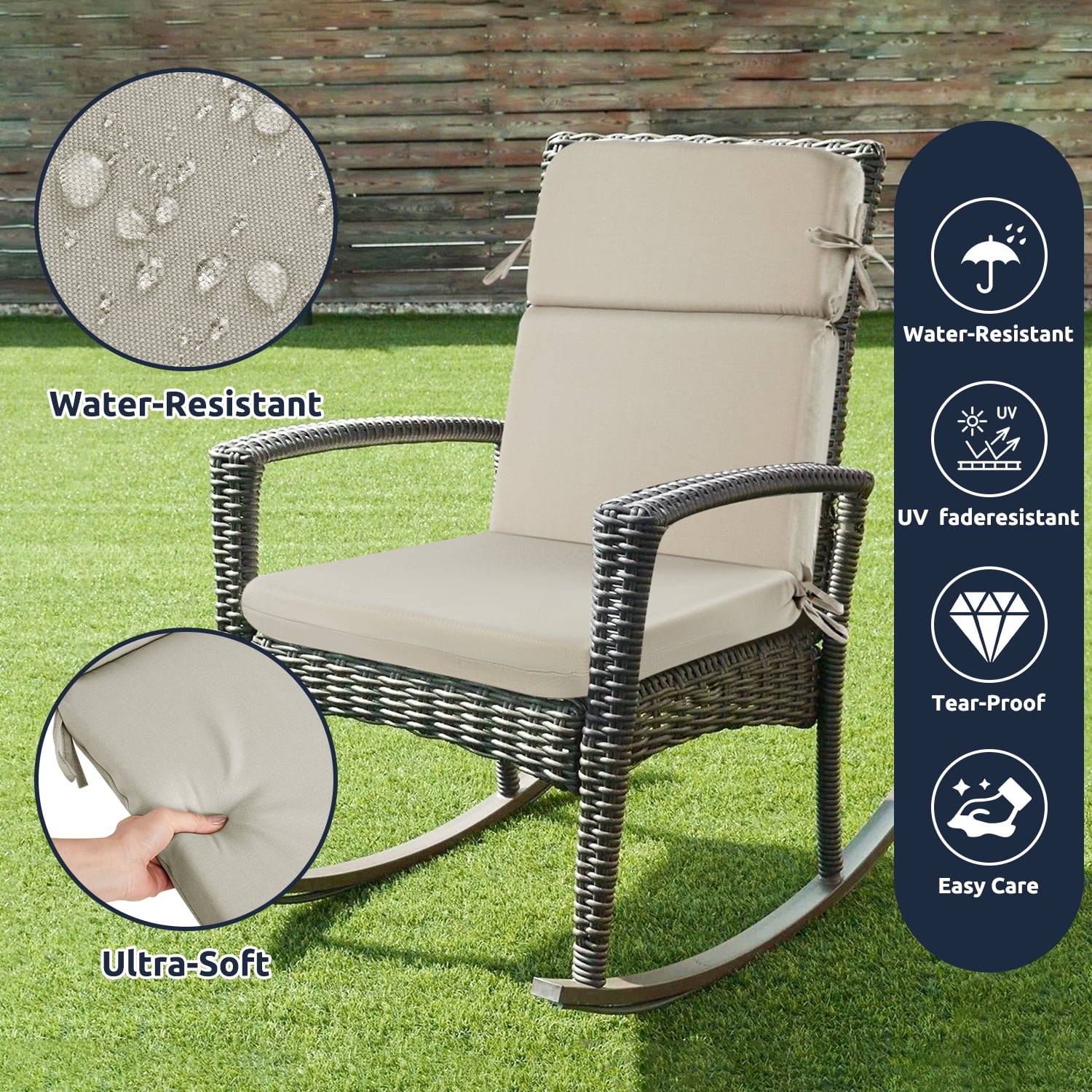 MOONORAH Outdoor Chair Cushions, 44"L x 21.5"W Patio Seat Cushions Outdoor Chair Pads with Ties, Waterproof Outdoor Chair Cushion Garden Sofa Couch Chair Pads, Sofe Comfortable, Grey