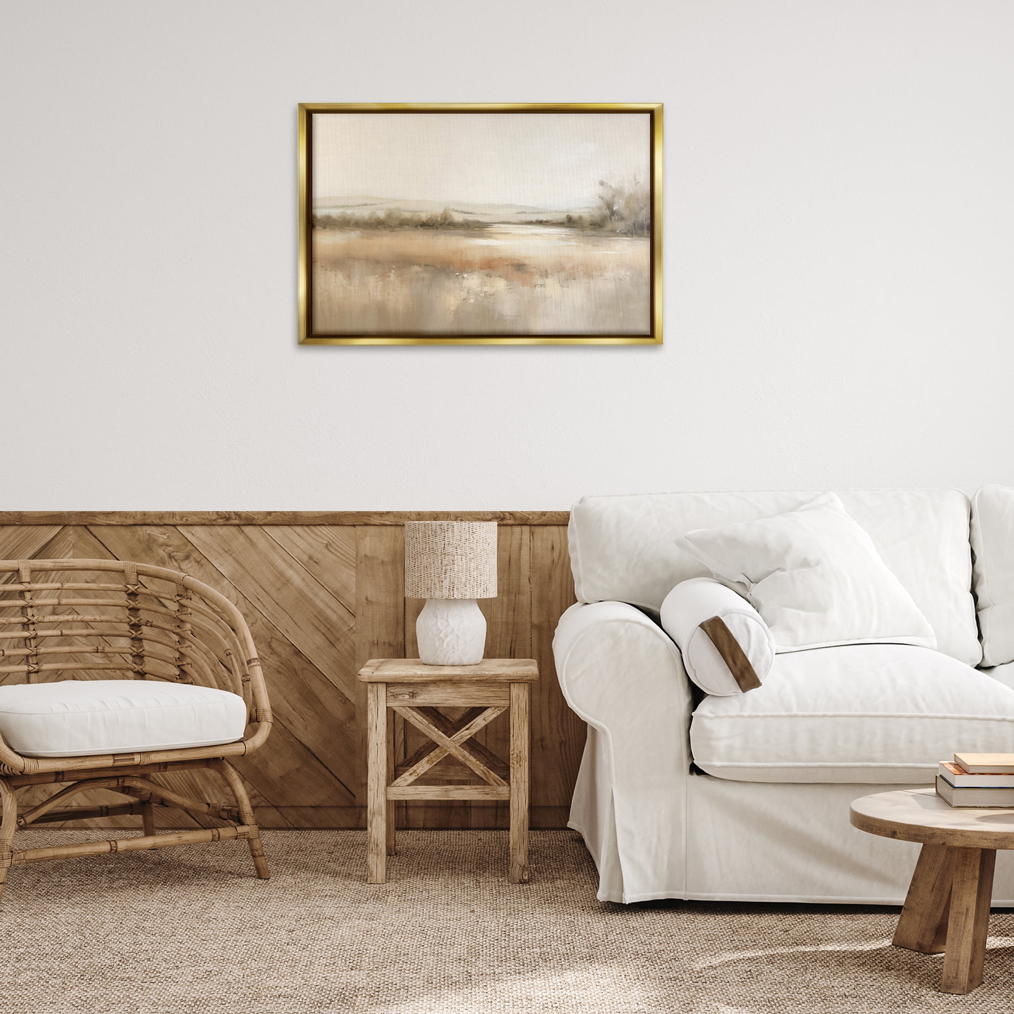 Stupell Industries Reflective Beige Countryside Landscape & Nature Painting Gold Floater Framed Canvas Art Print Wall Art, 31 x 21