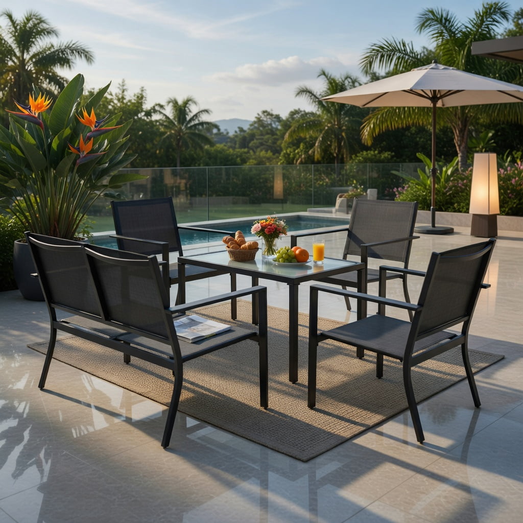 Hommoo 4-Piece Outdoor Patio Furniture Set, Steel Frame Loveseat, 2 Chairs & Tempered Glass Coffee Table for Backyard, Garden, Poolside, Gray