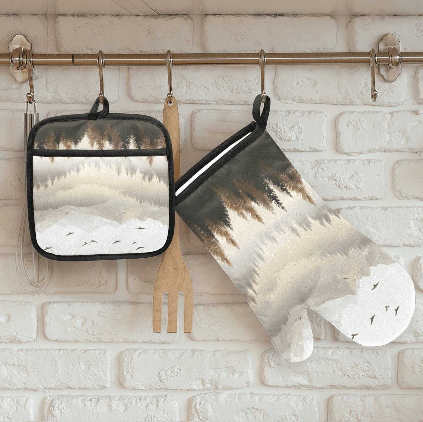 CURLYOOT Landscape Misty Forest Oven Mitts and Pot Holders Sets of 2, Non-Slip Washable Hot Pads and Oven Gloves for Kitchen Cooking Baking