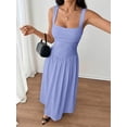thumbnail image 4 of Petite Womens Blue Solid Square Neck Ruched Flared Maxi Dress For Spring Summer, 4 of 7