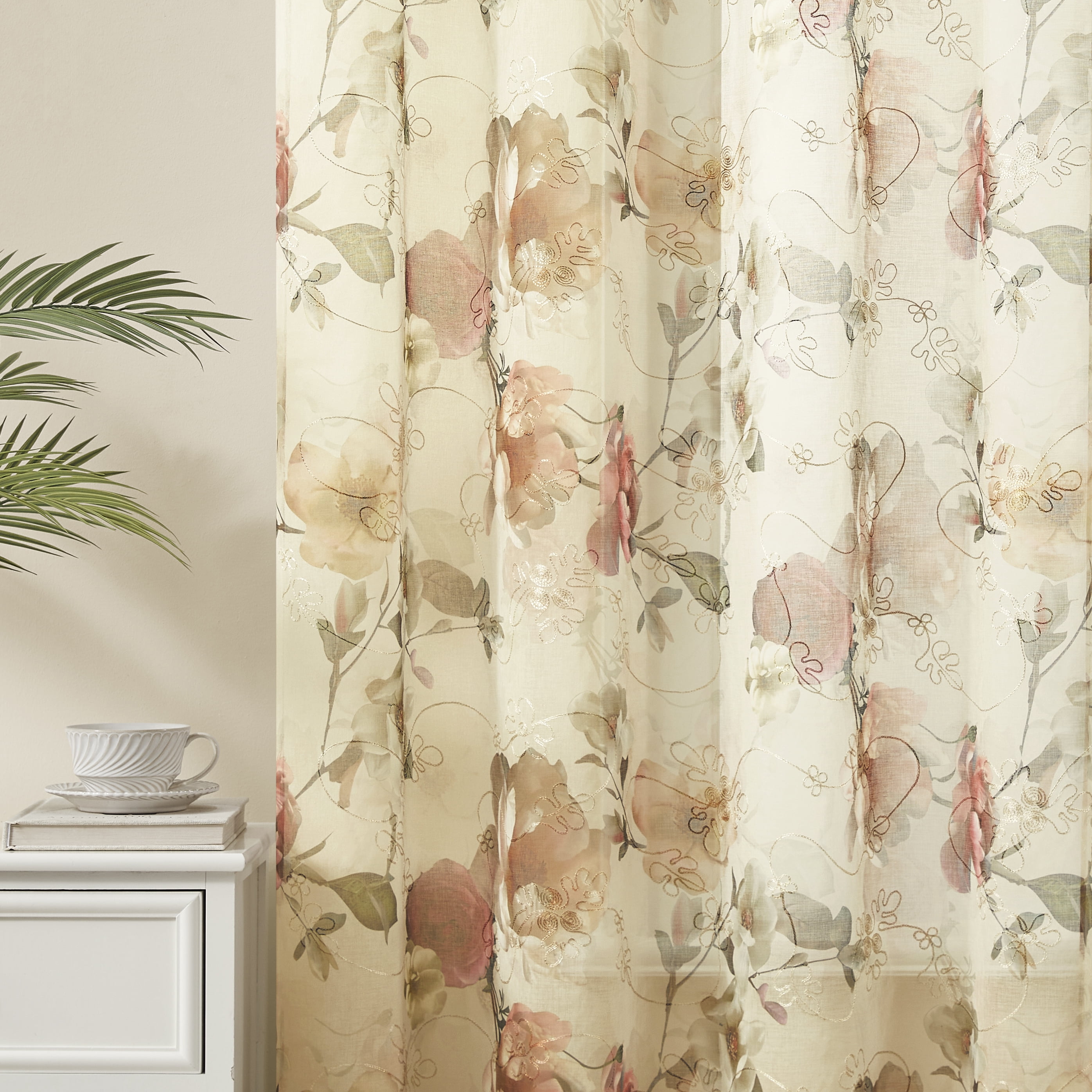 Muuphra Floral Printed&Embroidered Sheer Curtain Rod Pocket Voile curtain for Bedroom Livingroom,2 Panels,Red,52×63"