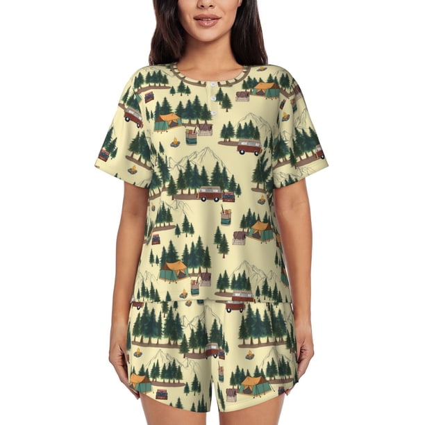 Fotbe Camping Caravan 1 Conjunto de Pijama Estampado para Mujer, 2 Piezas, Ropa de Dormir con Camiseta de Manga Corta y Shorts Suaves-Small