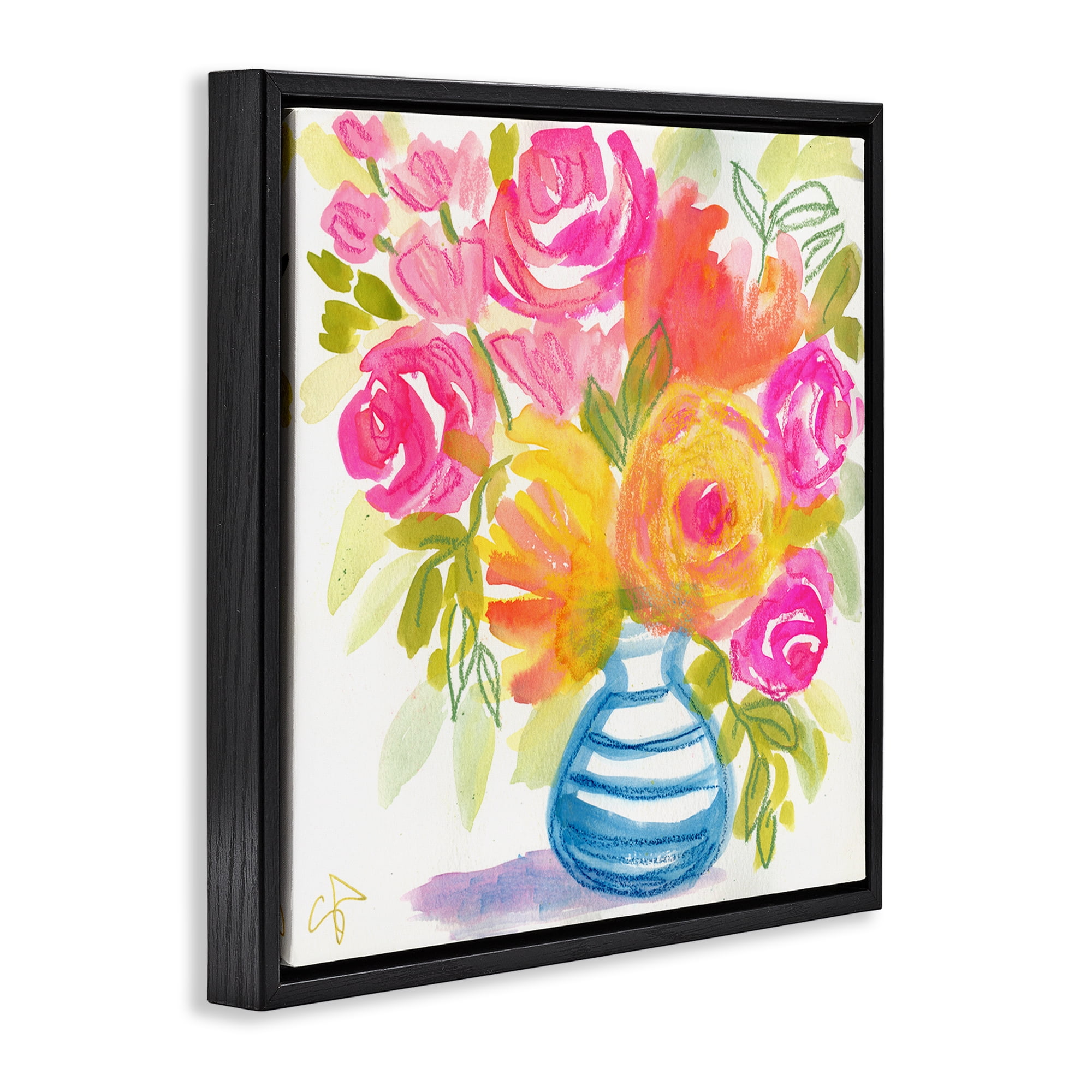Stupell Industries Pink & Yellow Bouquet Plants & Flowers Painting Black Floater Framed Canvas Art Print Wall Art, 18 x 18