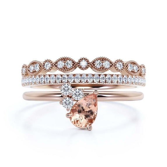 Gorgeous Minimalist 2.15 Carat Pear Cut Classic Morganite And Diamond Moissanite Engagement Ring, Wedding Ring, Two Matching Band in 925 Sterling Silver With 18k Rose Gold Plating, Gift For Her