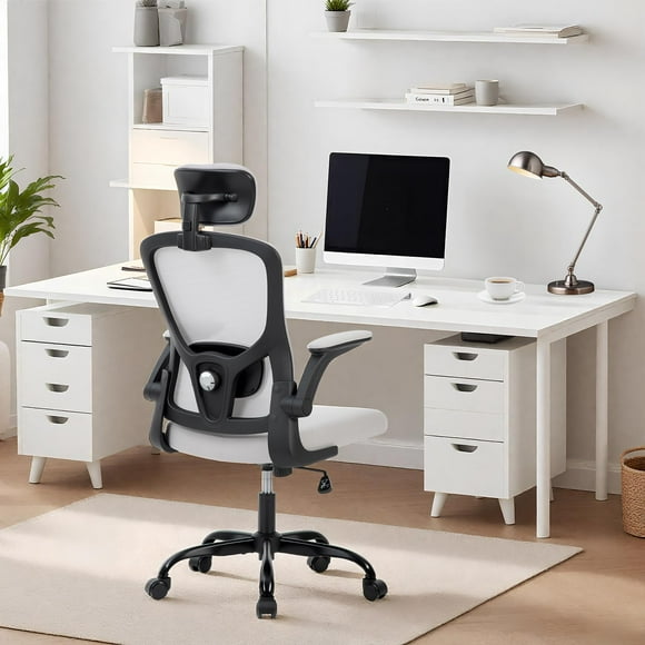 Yiwa Mesh Ergonomic Office Chair with High Back, Adjustable Headrest and Lumbar, Flip-Up Arms, Swivel Rolling Chair for Home Office