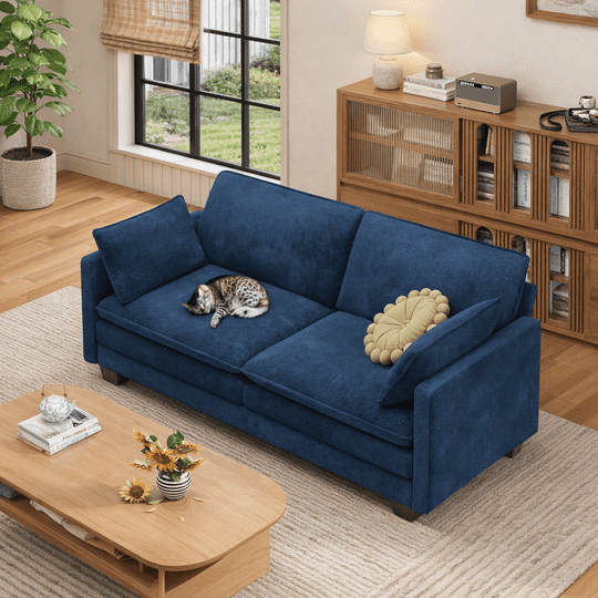 Aiho 75" L Loveseat Sofa, Comfy Corduroy Fluffy Couch with Deep Seat with Double Layer Cushions for Living Room, Apartment, Bedroom, Bedroom - Blue
