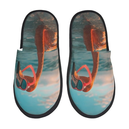 Balery Swimming Goggled Flamingo Slient Indoor Furry Fleece Comfort House Shoes Soft Non-Slip Home Shoes Cotton slippers House Slippers-- Large
