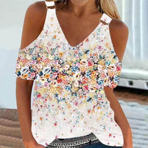 ICHUANYI Clearance Women Summer Sexy T- Shirt Cold Shoulder Pullover Blouse V-Neck Short Sleeve Printed Tops(Yellow, S) ICHUANYI WER2023080817879