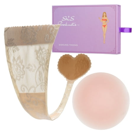 SKS Products Adhesive Thong - Sideless Thong - No More Panty Lines with Silicone Nipple Covers - Size Medium