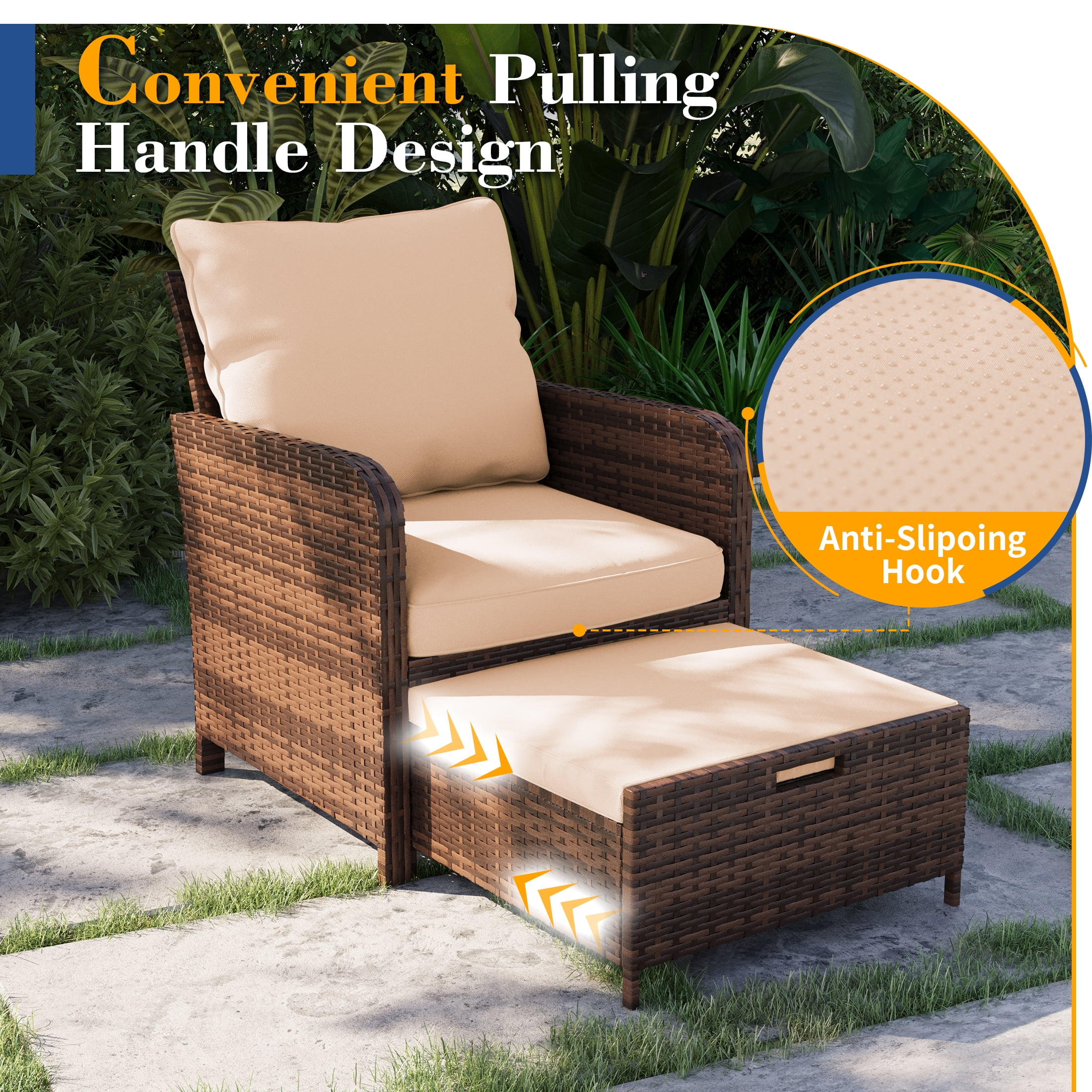 Poteban Balcony Furniture 5 Piece Patio Furniture Set, Outdoor Patio Chair with Ottoman for Front Porch Deck, Wicker Lounge Chair with Side Table, Khaki