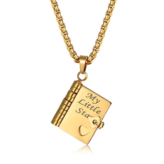 My Little Star Book Necklace for Daughter, 6 Page Openable Stainless Steel Book Pendant from Mom Dad, Graduation Birthday Christmas Keepsake Jewelry Gift, Gold