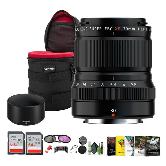 FUJIFILM XF 30mm f/2.8 R LM WR Macro Lens Bundle With 2x 64GB Memory Card   Corel Photo, Video, & Art Suite Deluxe   Lens Case   3PC MC PRO FILTER KIT UV/CPL/F 43   More