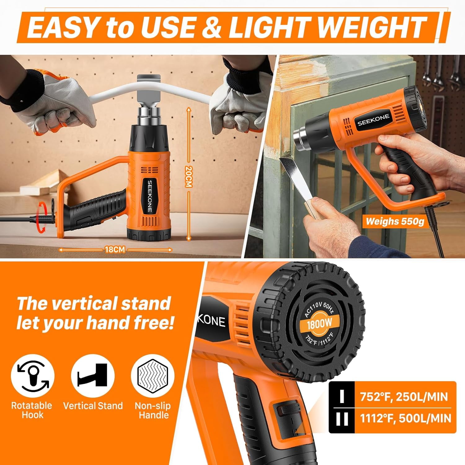 Heat Gun 1800W Heavy Duty Fast Heat Hot Air Gun Kit with 752℉&1112℉（400℃-600℃） Dual-Temperature Settings and 4 Nozzles with Overheat Protection for Crafts, Shrinking PVC, Stripping Paint