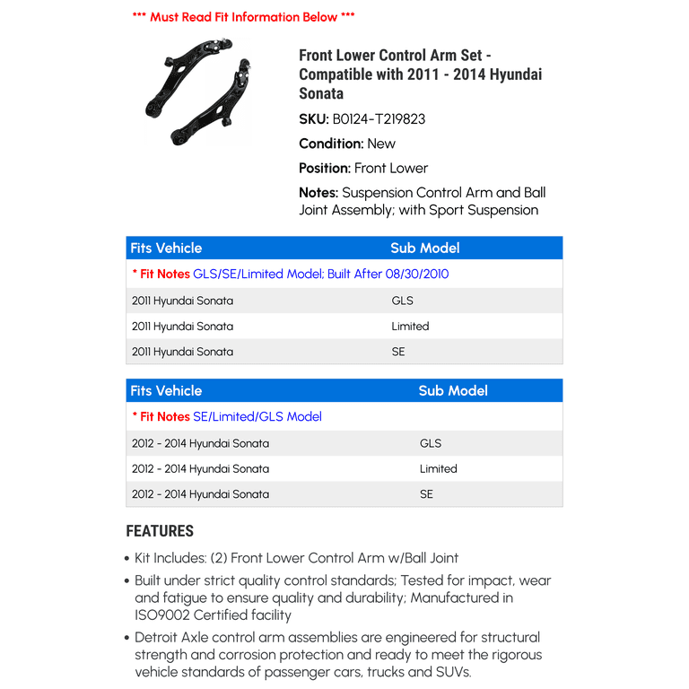 Evan-Fischer Front Lower Control Arm Pair For 2011-2014 Hyundai Sonata (Standard Suspension)