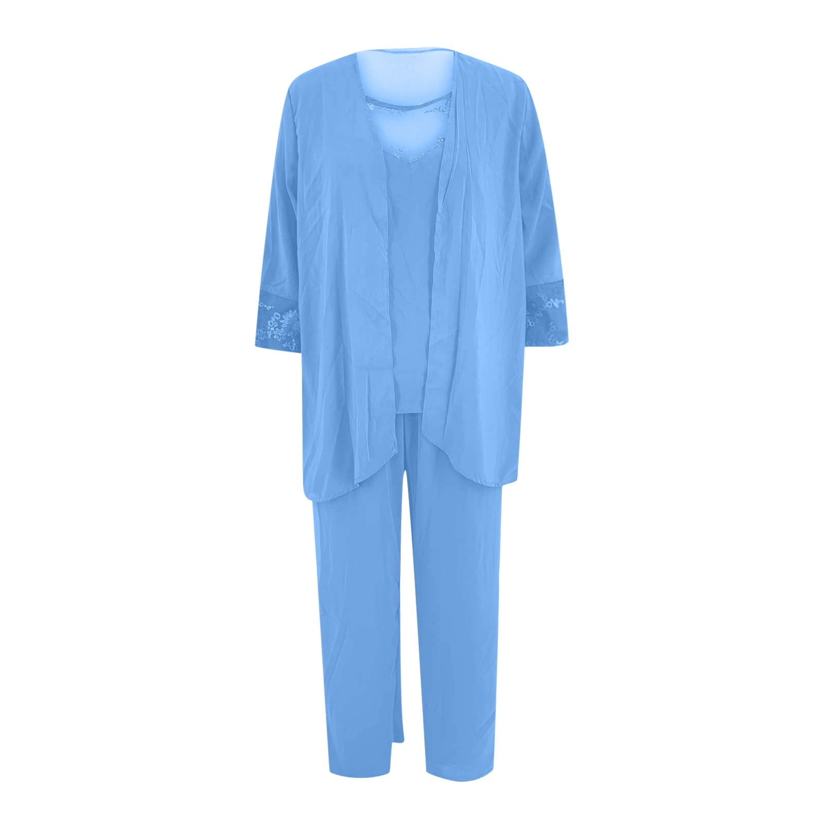 2 Piece Lounge Sets for Women Fall Two Piece Pants Outfit Women's Color Long Sleeved Round Neck Loose Lace Chiffon Pants Cape Three Piece Set Including Cardigan
