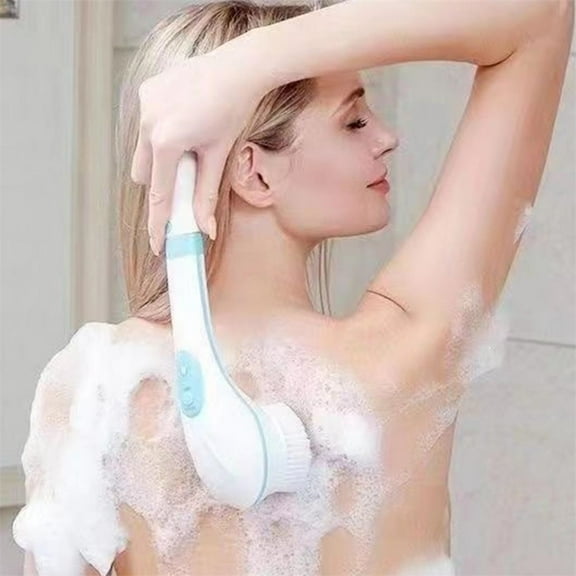 TAROFISH Rechargeable Electric Shower Brush 6-in-1 Body Scrubber with 5 Interchangeable Heads Long Handle Waterproof Skin Cleansing Brush 11. Inch,White,1PC