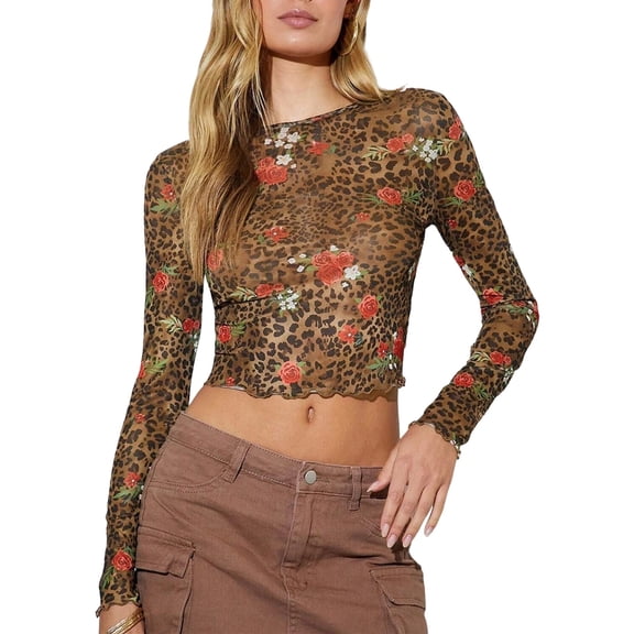 Long Sleeve Shirts for Women Floral Mesh Sheer Top Crew Neck Fitted Going Out Blouses Brown S