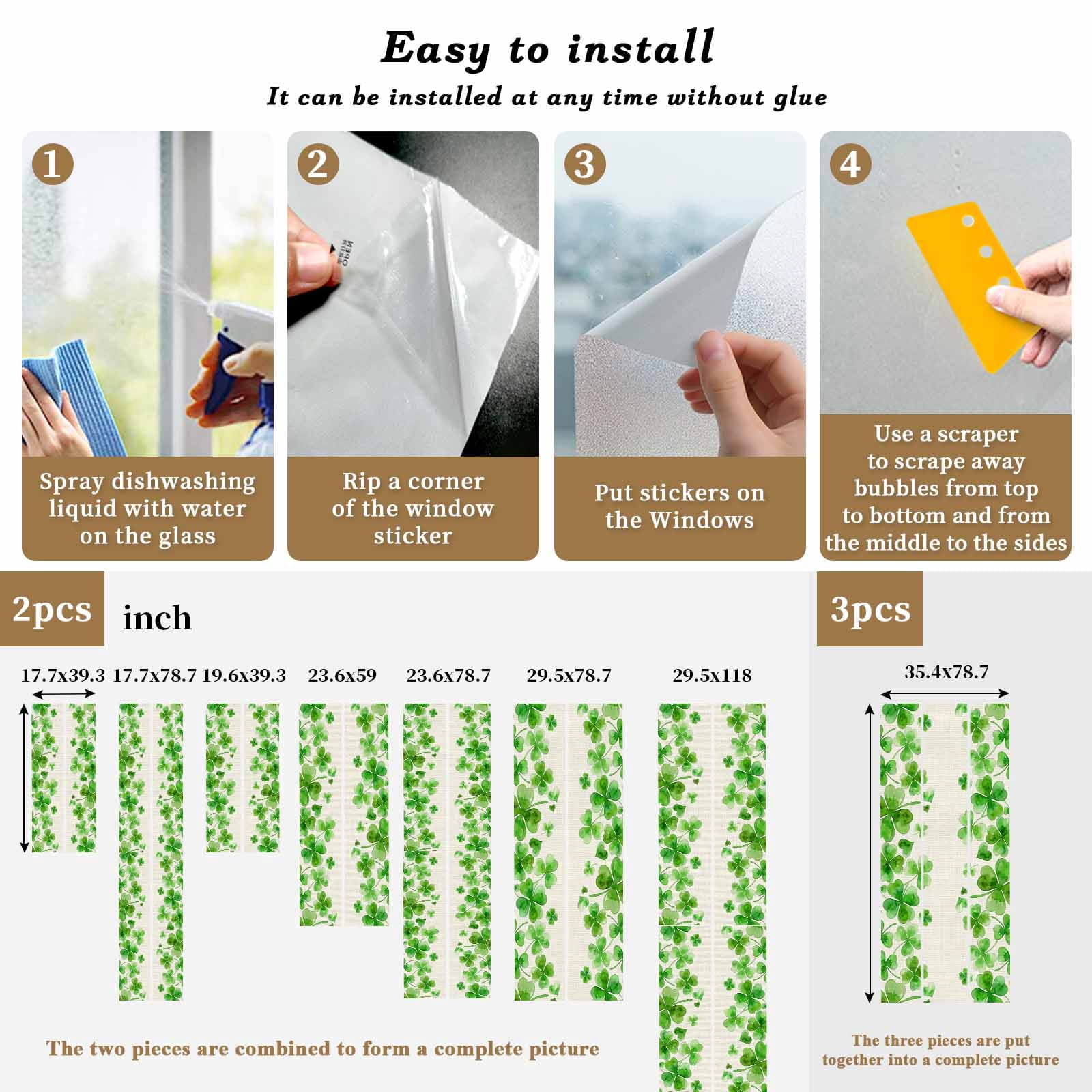 St. Patrick's Day Window Privacy Film, Watercolor Lucky Clovers Green Rustic Static Cling UV Sun Blocking Tint Film Heat Control Windows Films for Bedroom Bathroom, Window Stickers 23.6"x59"