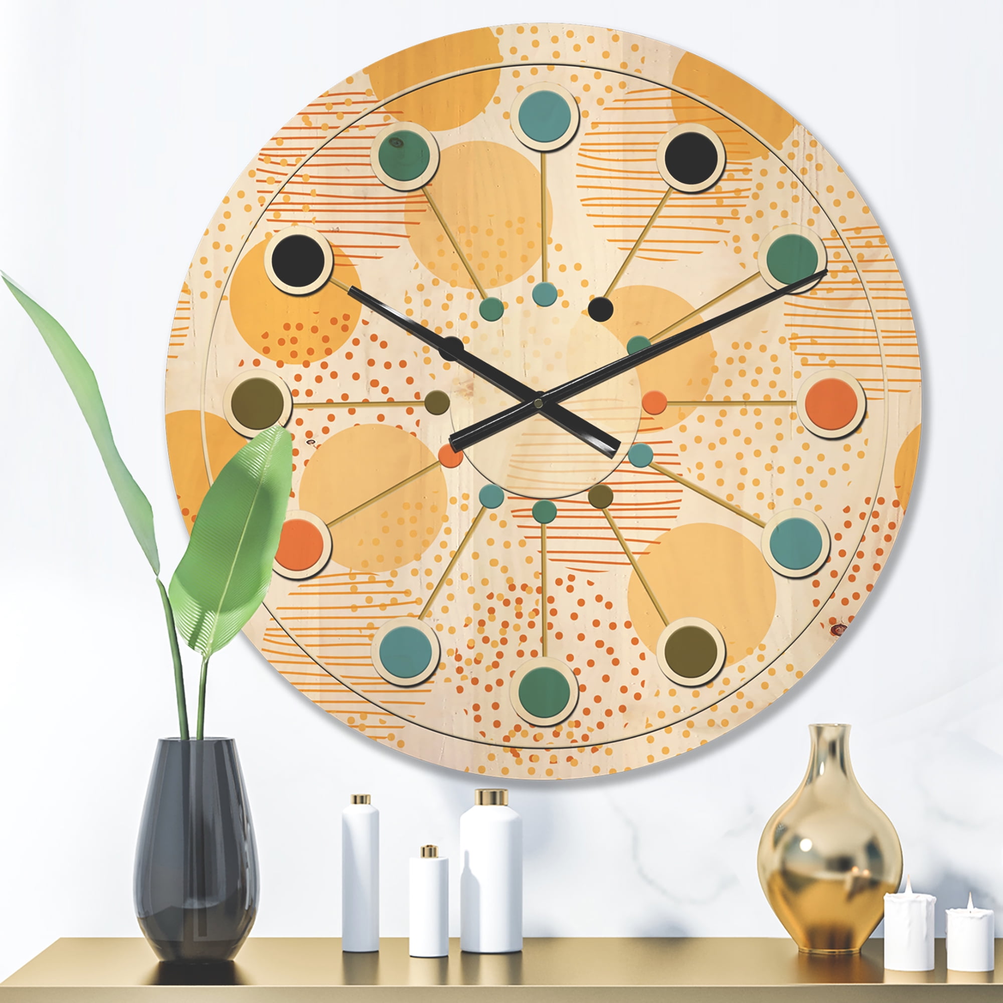Designart 'Circular Abstract Retro Pattern Geometric IX' Mid-Century Modern Wood Wall Clock