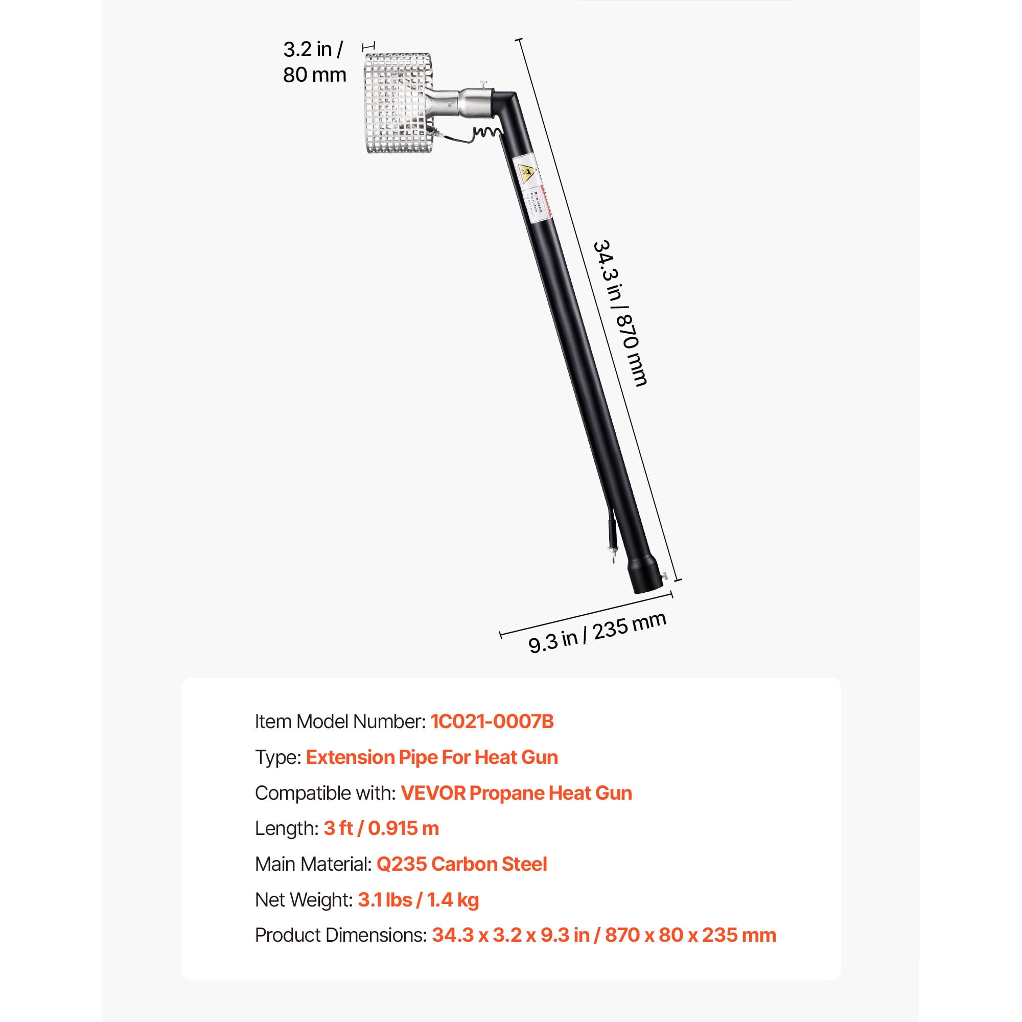 KFFKFF 3FT Extension Pole for Propane Heat Gun, Compatible with Specific Heat Guns, Extended Reach Rod for Efficient Heat-Shrink Wrapping, Includes Combustor Head