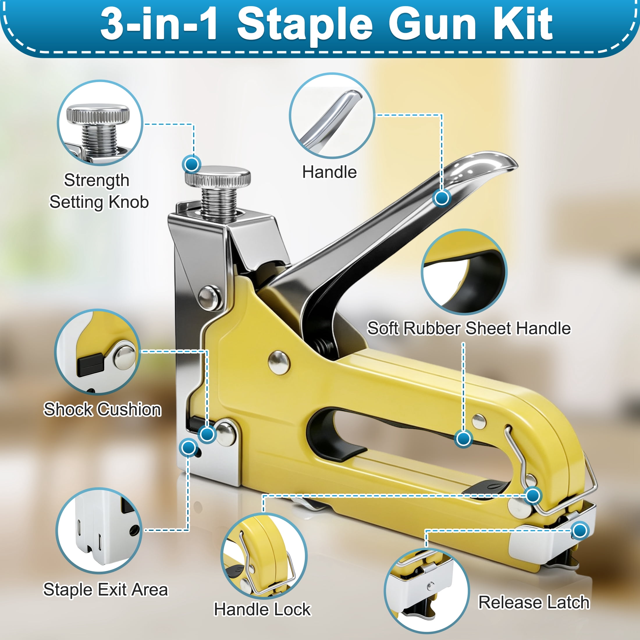 3 In 1 Heavy Duty Staple Gun Kit, Manual U/D/T Type Stapler with 1500 Pcs Staples & Staple Remover, Adjustable Force Hand Stapler for Wood Upholstery Crafts DIY Repair