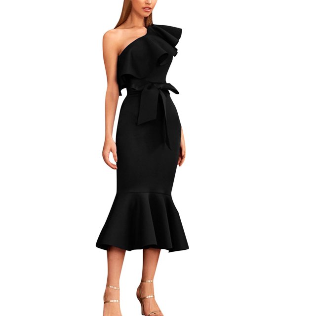 Gibobby Vestidos de fiesta elegantes Vestido negro de longitud media para mujer con hombros caídos Vestido de noche(Negro,CH)