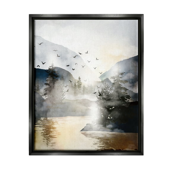 Stupell Flying Birds Mountain Lake View Landscape Painting Black Floater Framed Art Print Wall Art