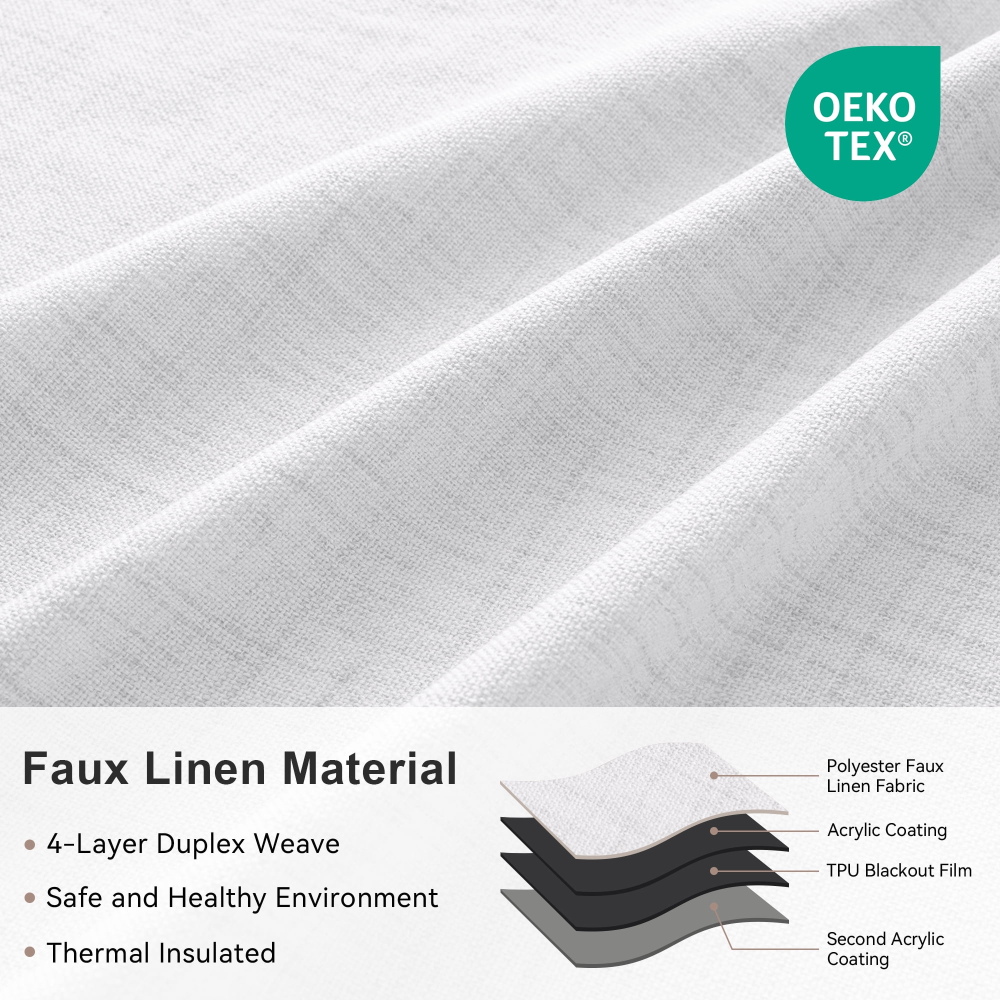 KoshiMe Faux Linen 100% Blackout Curtains for Living Room Bedroom,108 Inch Long Thermal Insulated Back Tab Window Curtains,BrightWhite