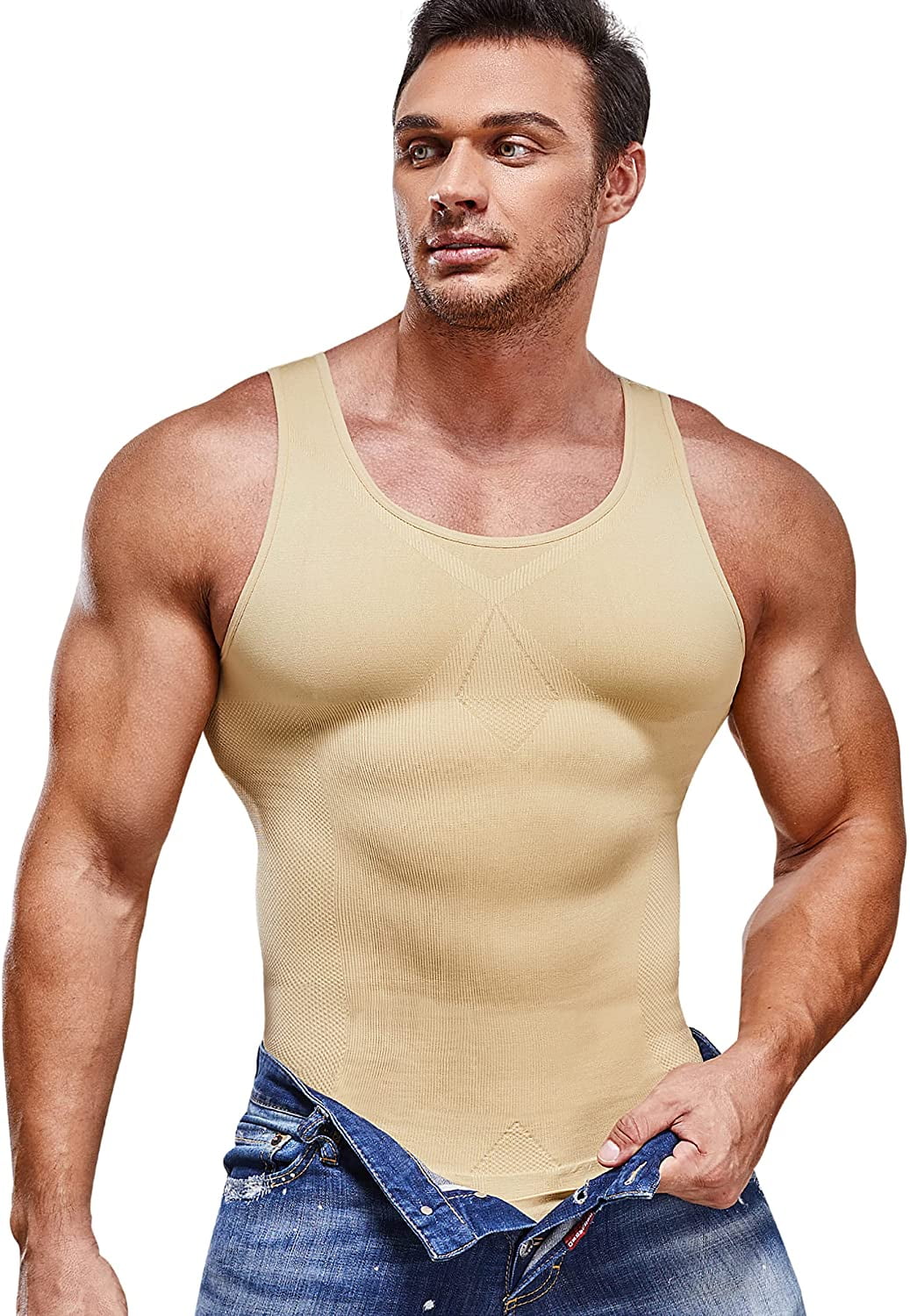 Men's Compression T-Shirt Slimming Tummy Control Body Shaper Abs Abdomen Vest US 